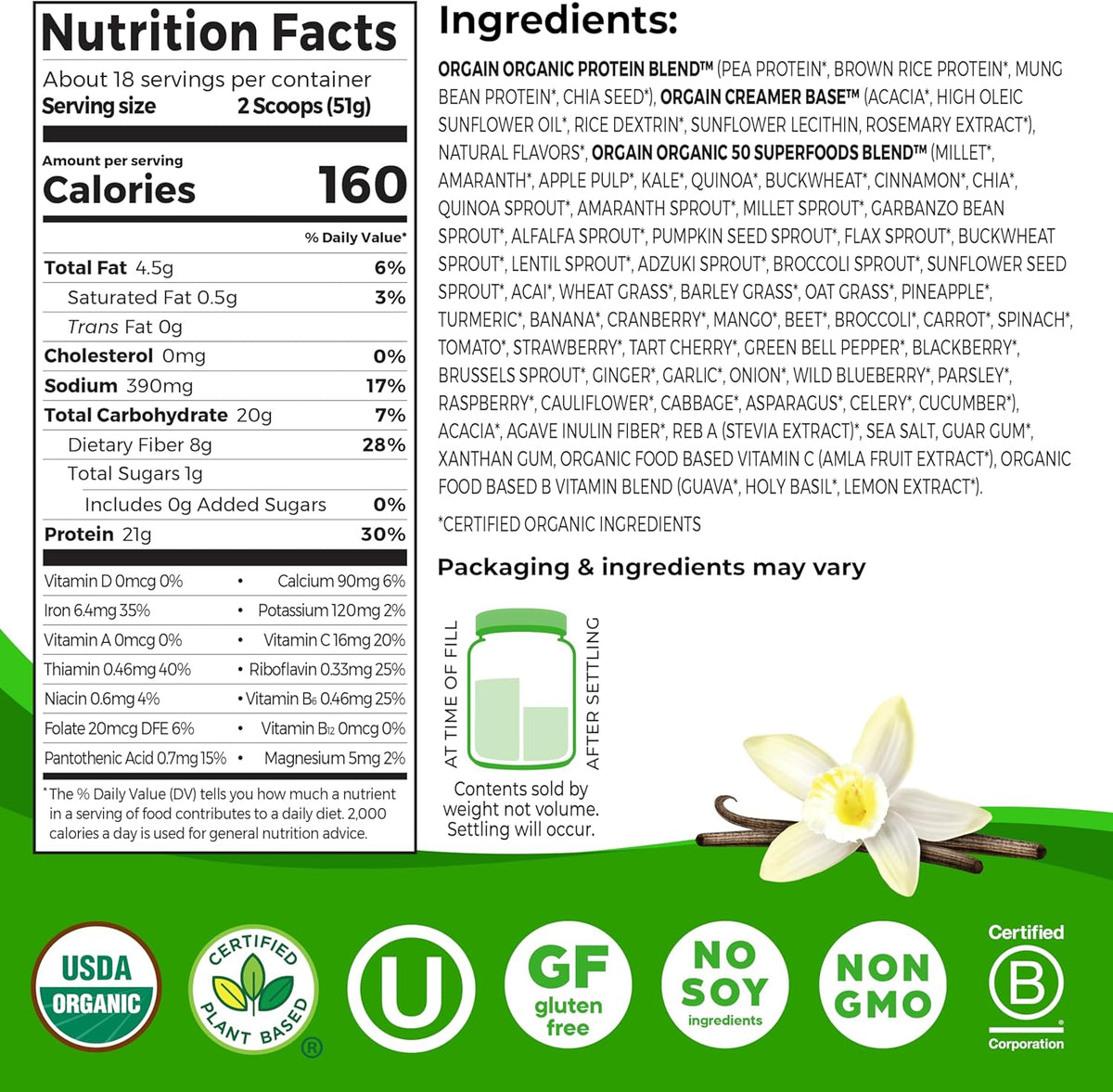 Orgain Organic Vegan Protein Powder Vanilla Bean